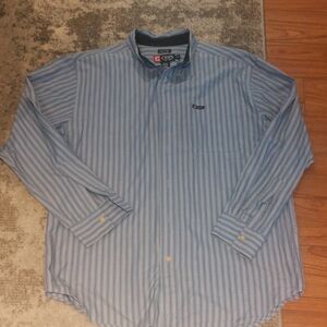 Chaps Men's Blue and White Striped Casual Shirt